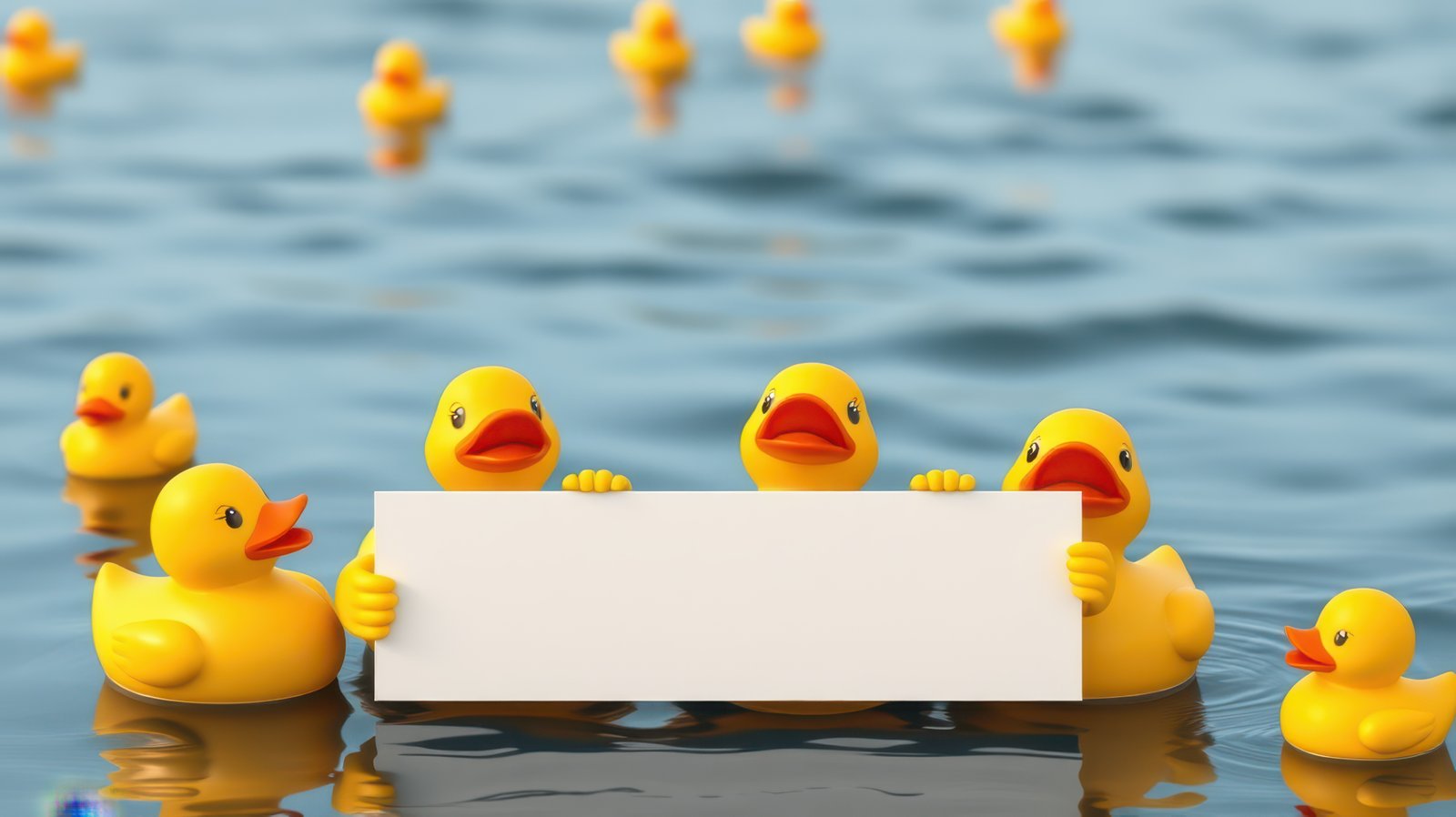 Yellow rubber ducks floating in water hold a blank sign for advertising or decoration purposes in a playful setting